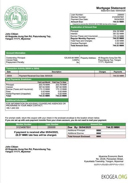 Modèle Word et PDF de relevé hypothécaire de la Myanma Economic Bank